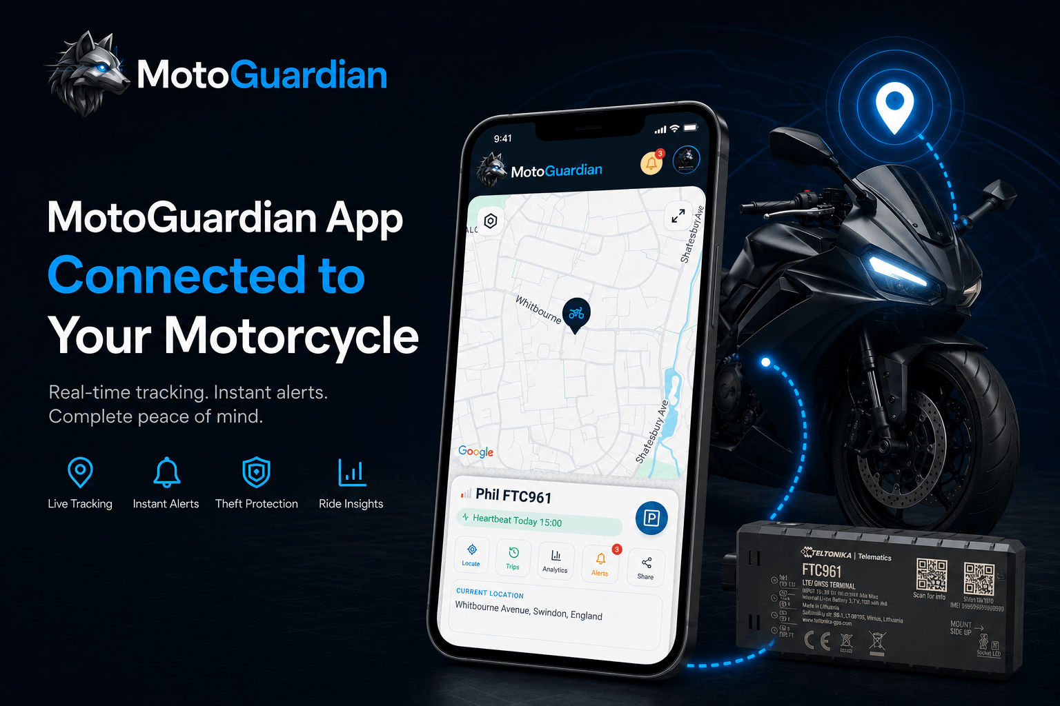MotoGuardian App connected to your motorcycle — live GPS tracking, theft alerts and crash detection